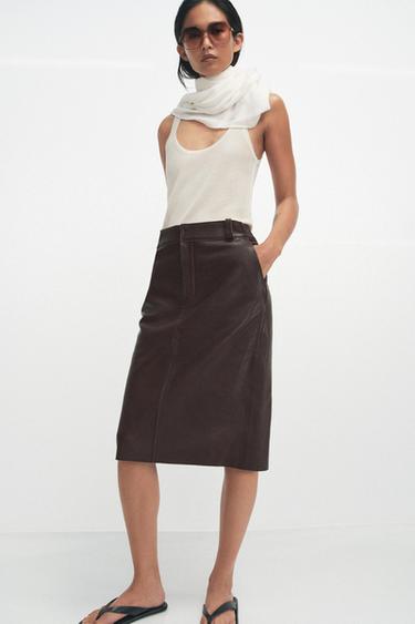 ZW COLLECTION LIMITED EDITION LEATHER MIDI SKIRT - Brown by Zara