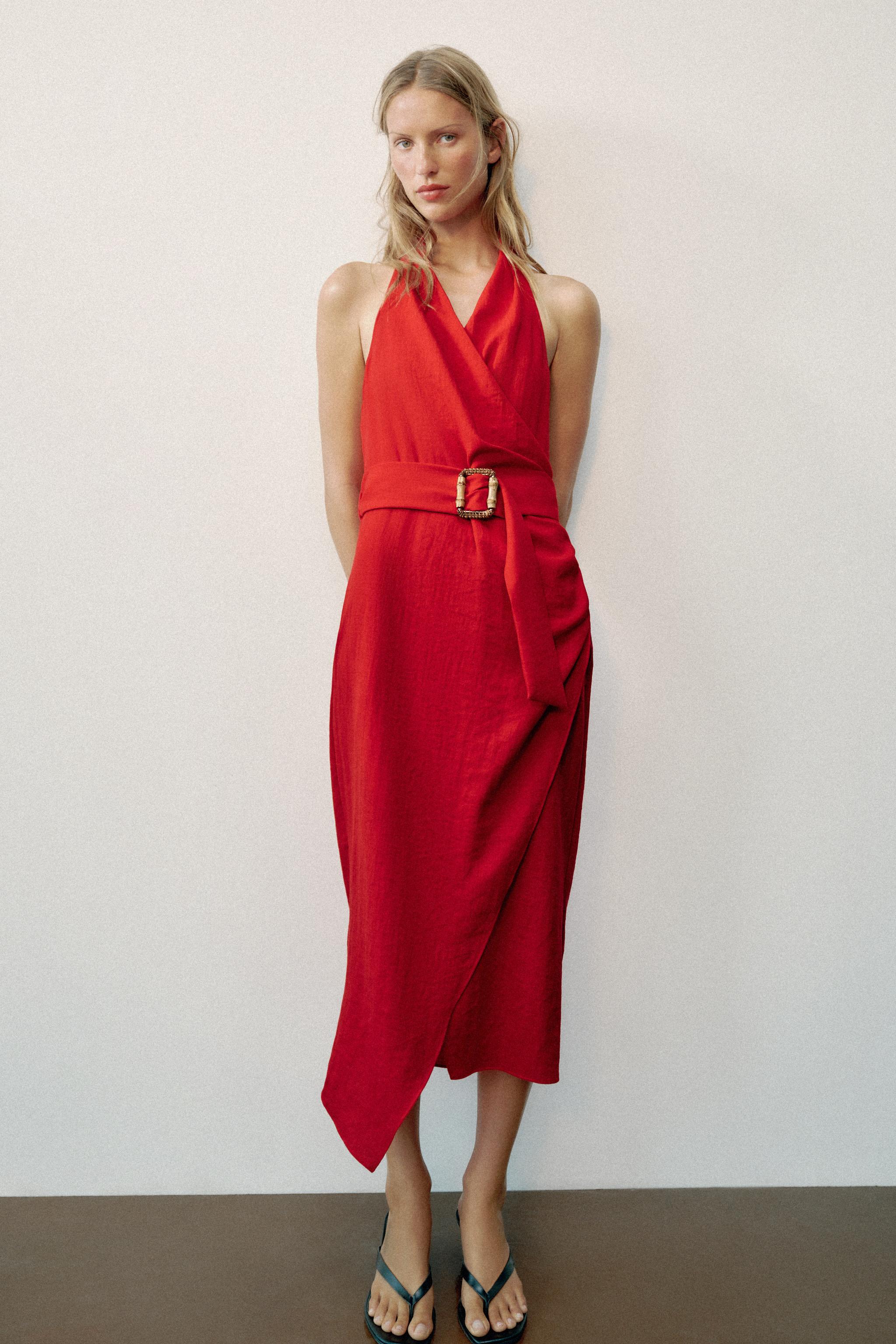 zara wrap dress Red Midi BELTED WRAP MIDI DRESS Zara velvet floral wrap dress