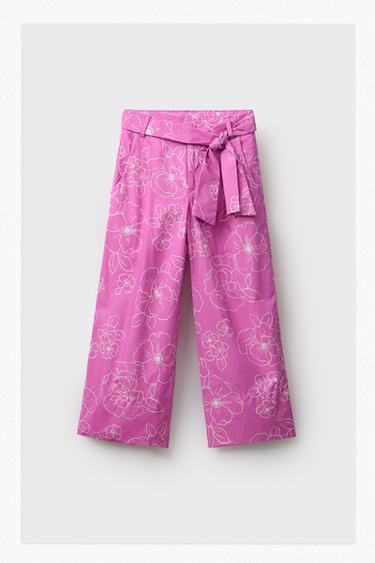 FLORAL PRINT TROUSERS WITH SASH - Pink / White by Zara