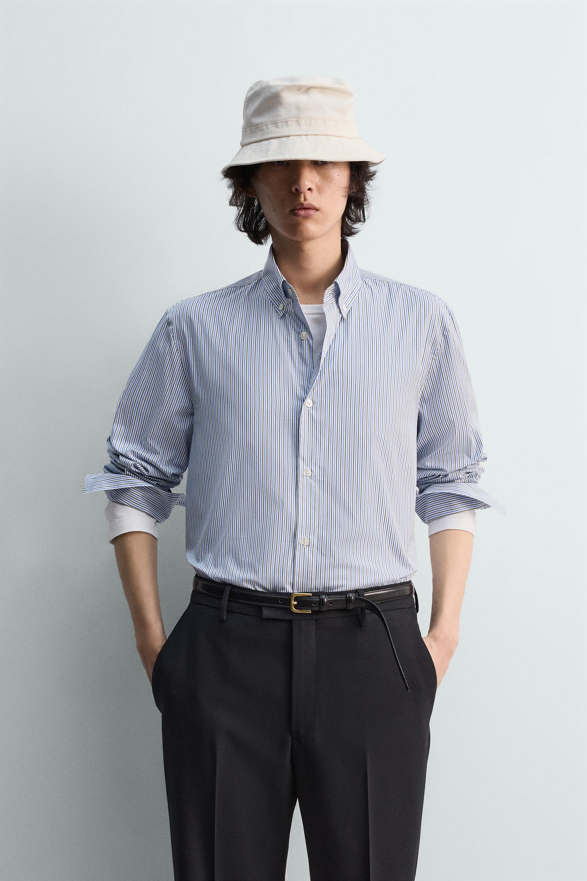 RELAXED FIT STRIPED SHIRT — Faded sky blue