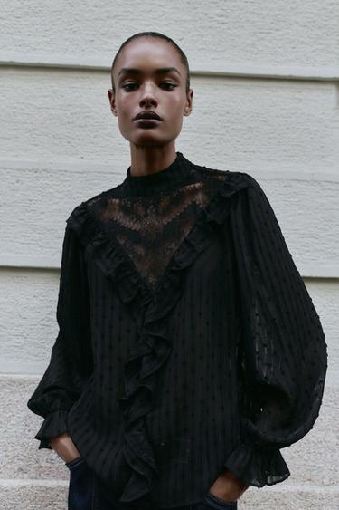 LACE DOTTED MESH SHIRT - Black by Zara - Image 0