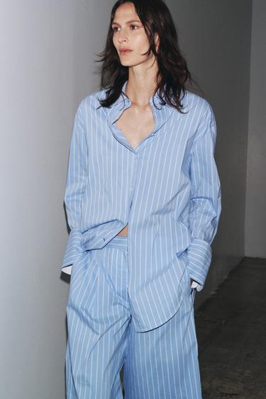 Zara ZW COLLECTION STRIPED OVERSIZED SHIRT - Blue / White