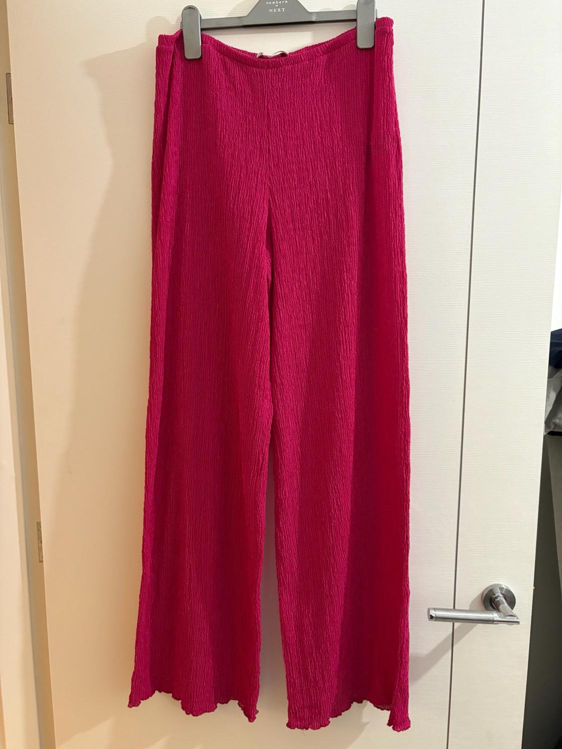 Fuchsia pink wide-leg trousers with a crumpled texture, hanging on a coat hanger over a white door. Text on the coat hanger: newborn NEXT.