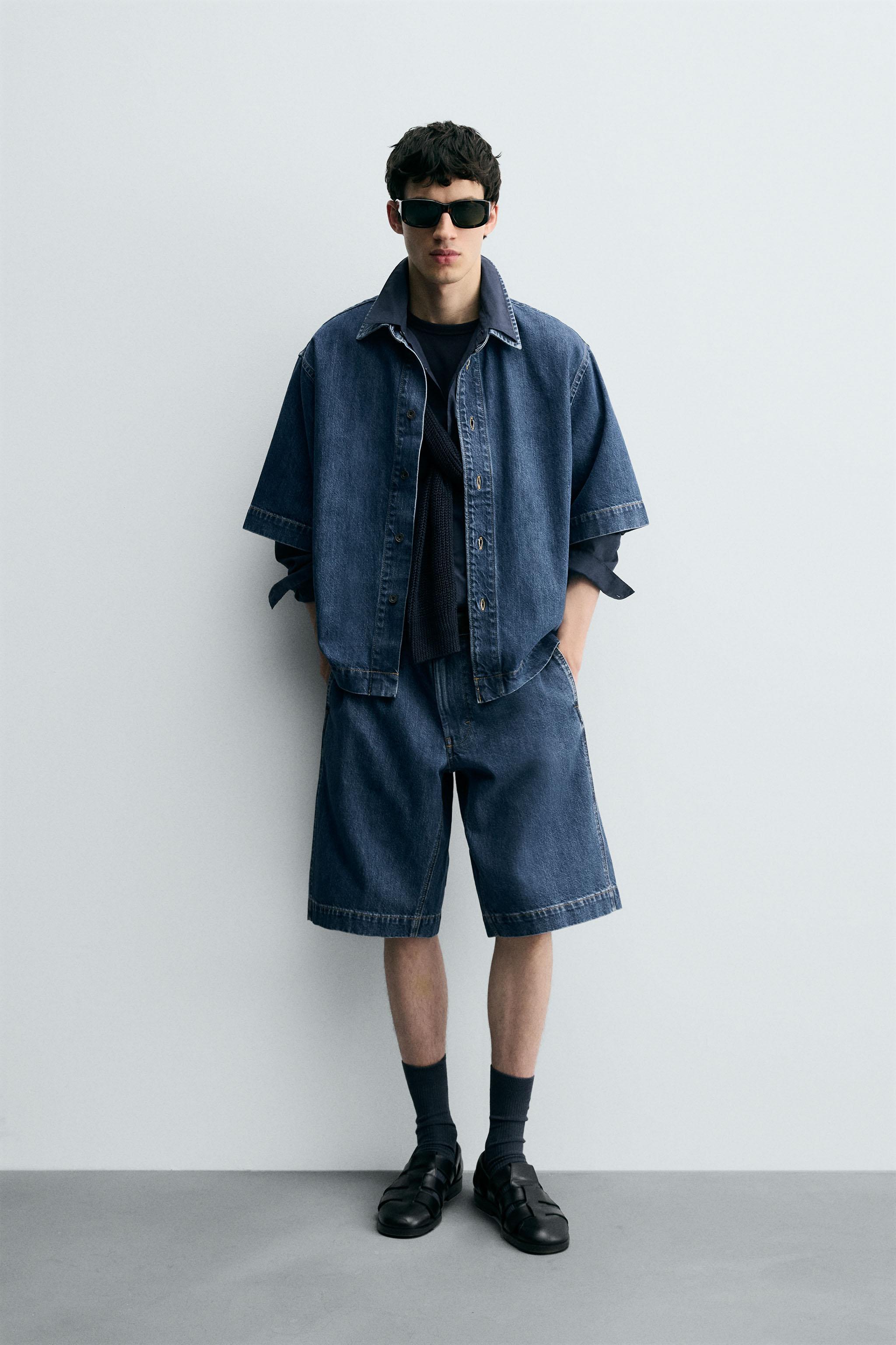 PLEATED RELAXED FIT DENIM SHORTS - Blue | ZARA United States