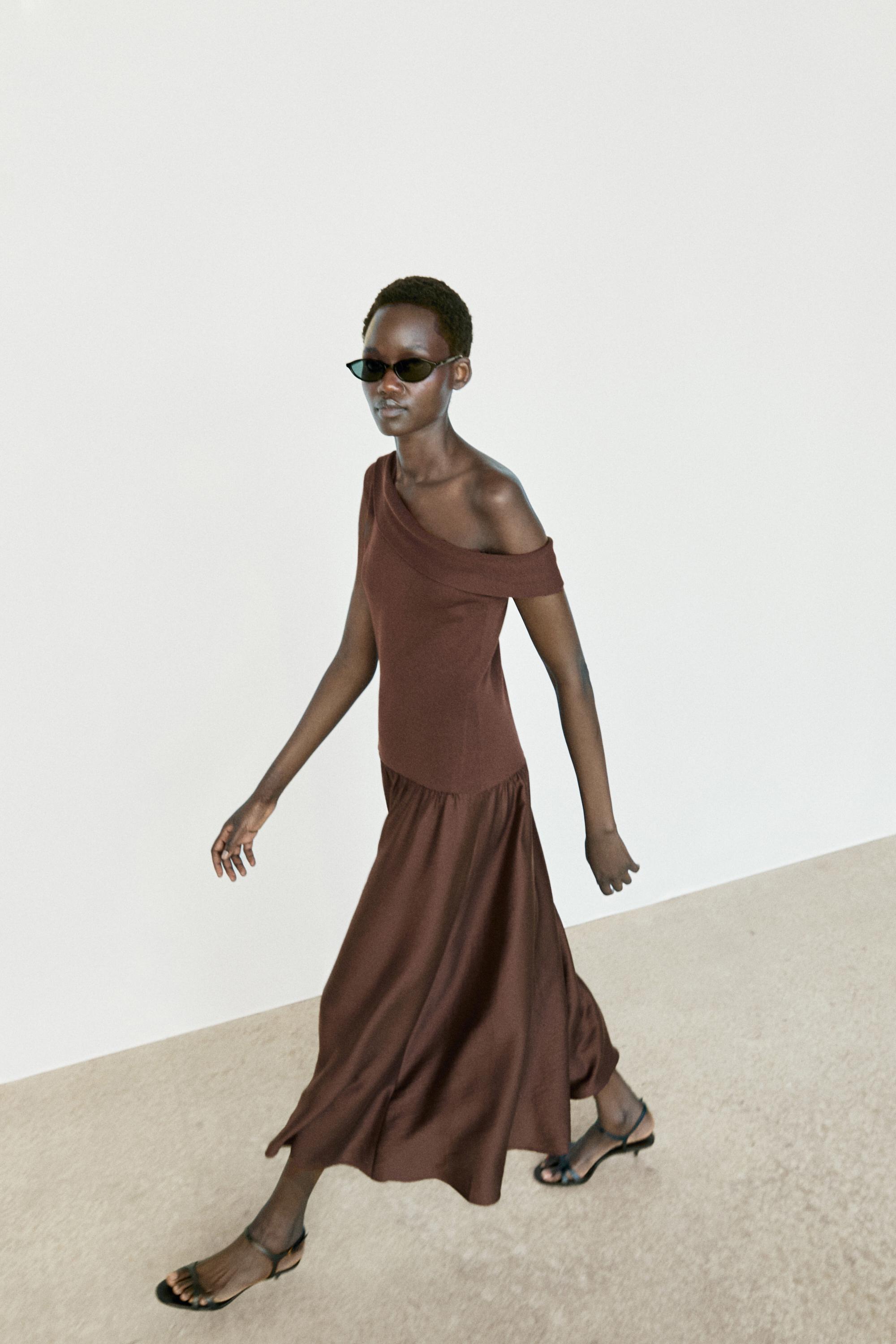 One-shoulder midi dress — Dark brown