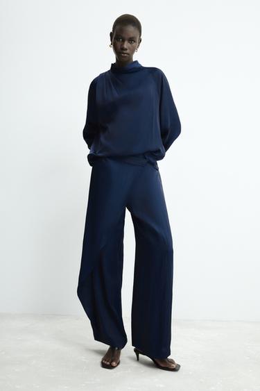 Zara SATIN EFFECT PAREO PANTS - Navy blue