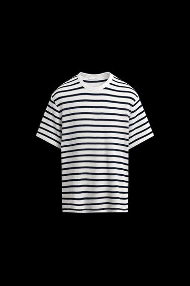 Zara WAFFLE WEAVE T-SHIRT - Ecru / Navy