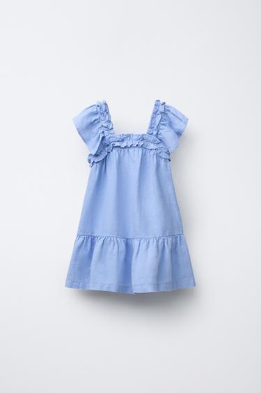 ROBE 100 % LIN À VOLANTS - Bleu de Zara