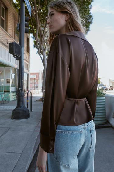 SATIN BLOUSE WITH BELT - Brown by Zara - Image 2