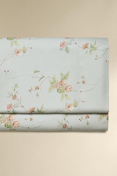FLORAL BRANCH SATEEN FLAT SHEET (300 THREAD COUNT) - Blue / Green by Zara