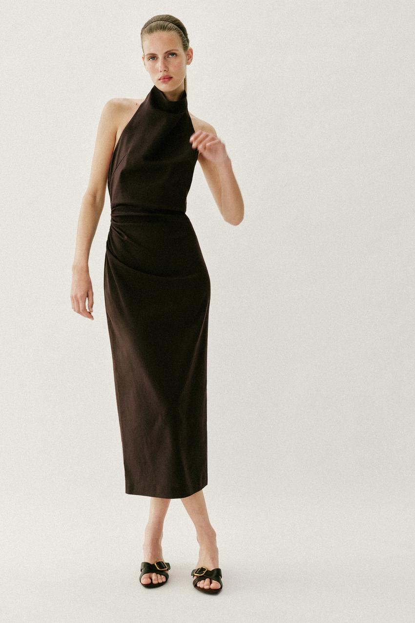 LINEN HALTER NECK MIDI DRESS - Dark brown | ZARA United States LINEN HALTER NECK MIDI DRESS - Dark brown | ZARA United States