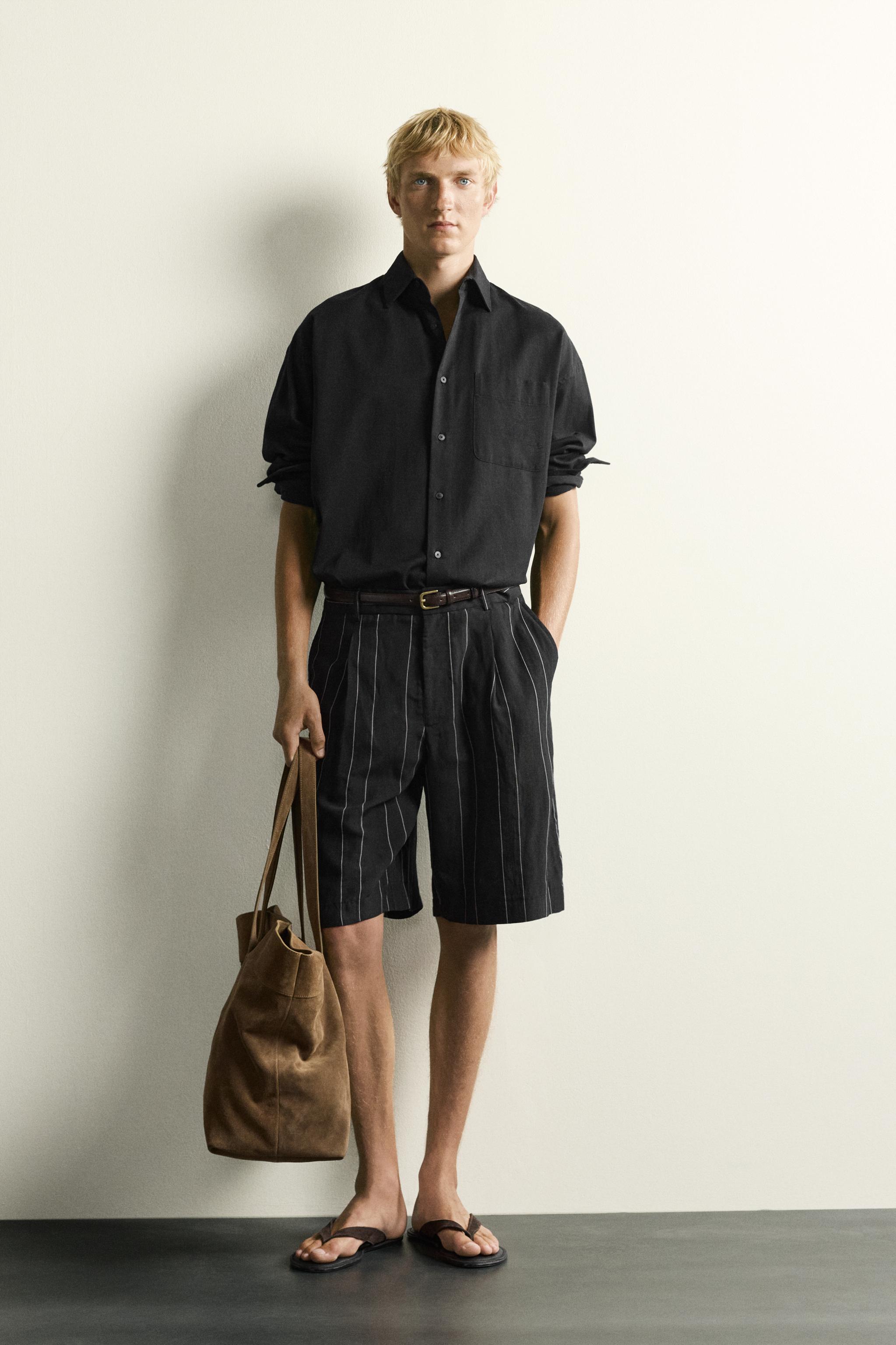 STRIPED PLEATED RELAXED FIT SHORTS - Black | ZARA United States