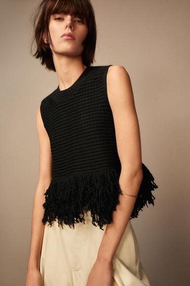 Zara FRINGED CHECKERED KNIT TOP - Black