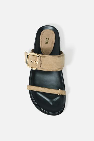 Zara SUEDE BUCKLE FLAT SANDALS - Sandy Brown