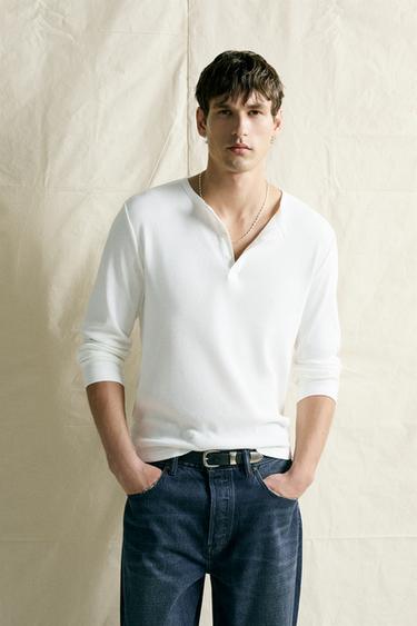 Zara COTTON-LINEN HENLEY T-SHIRT - White