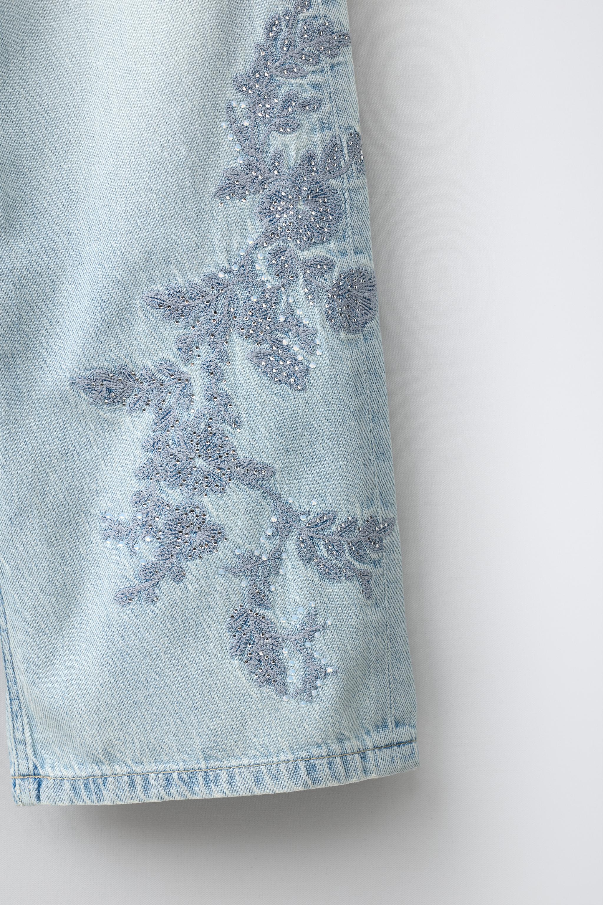 Детские джинсы Zara RHINESTONE EMBROIDERED FLORAL WIDE LEG JEANS — фото 5