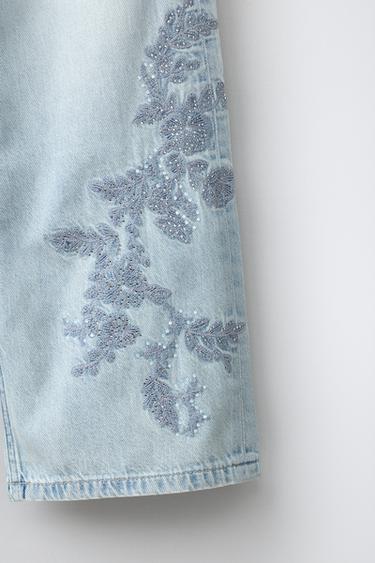 RHINESTONE FLORAL EMBROIDERED WIDE-LEG JEANS - Blue by Zara - Image 3