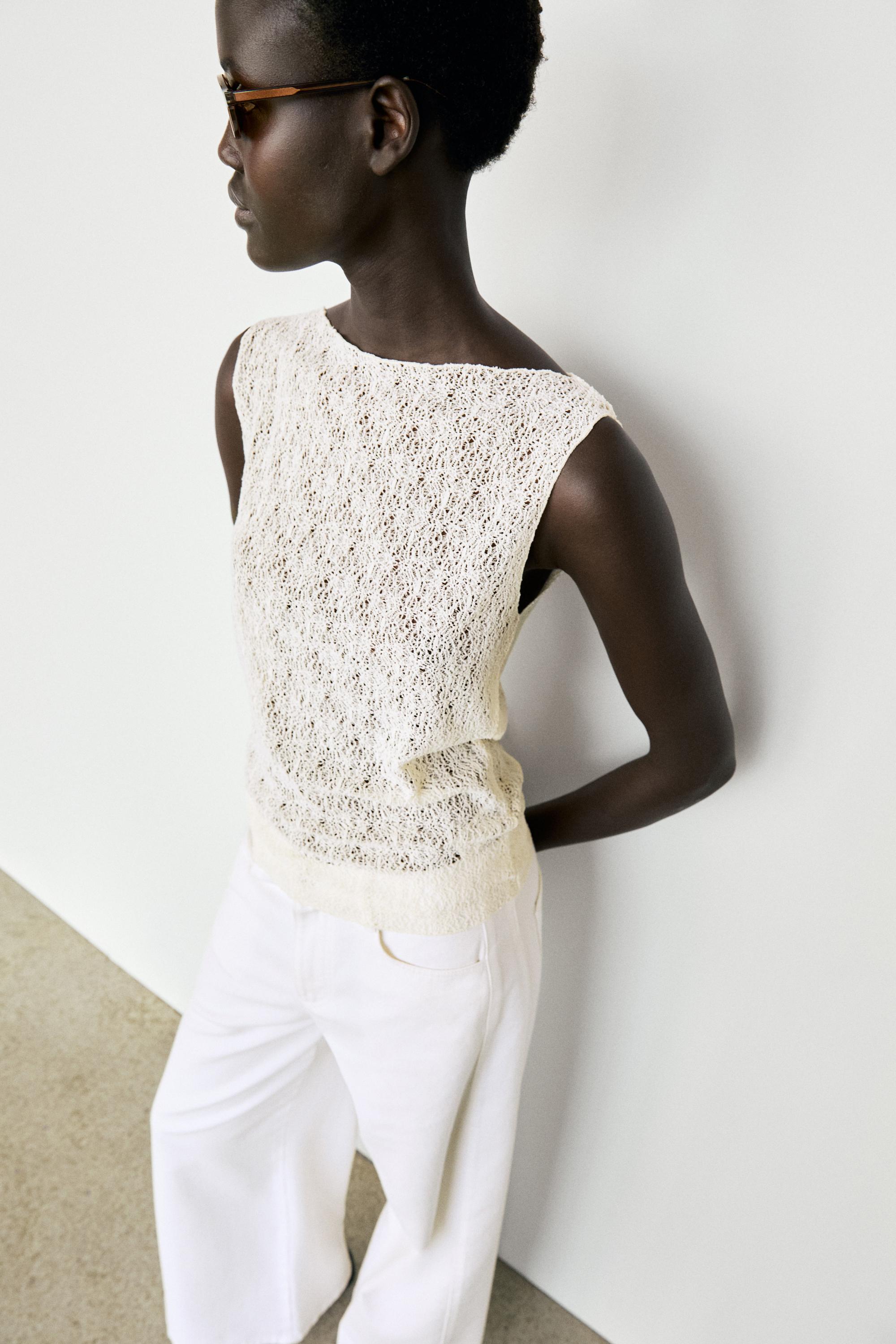 Sleeveless open-knit top — Ecru