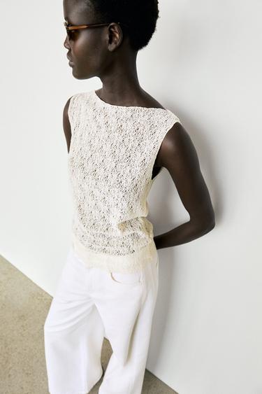 Sleeveless open-knit top — Ecru 2
