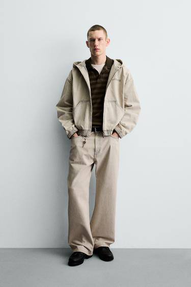 Zara EMBROIDERED HOODIE DENIM JACKET - Ecru / Brown - Image 0