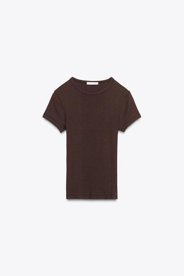 RIB SHORT SLEEVE T-SHIRT - Chocolate by Zara
