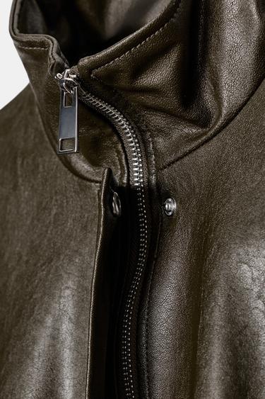 FAUX LEATHER BOMBER JACKET WITH HIGH COLLAR - Khaki by Zara - Image 9