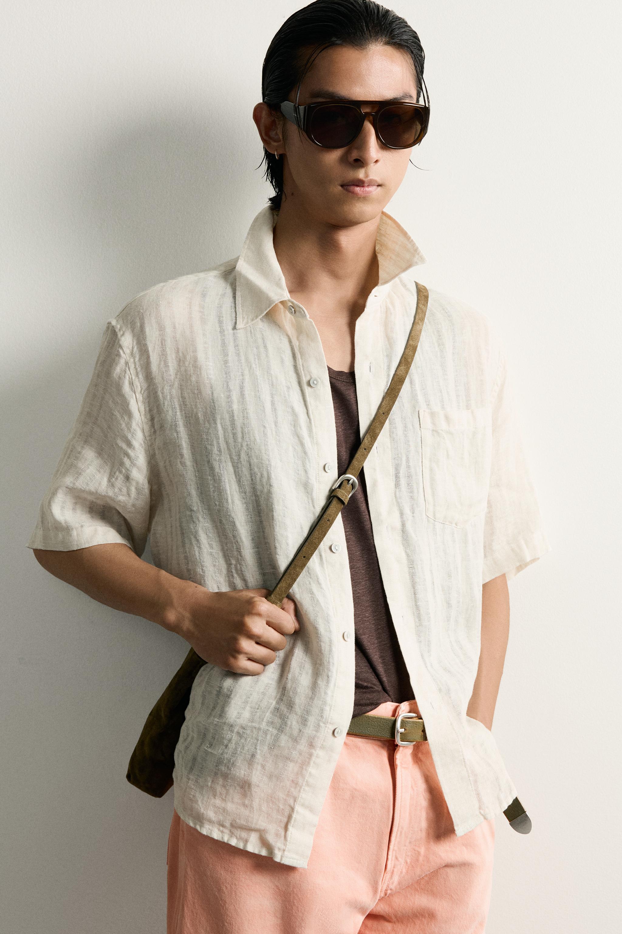 100% LINEN STRIPED JACQUARD SHIRT