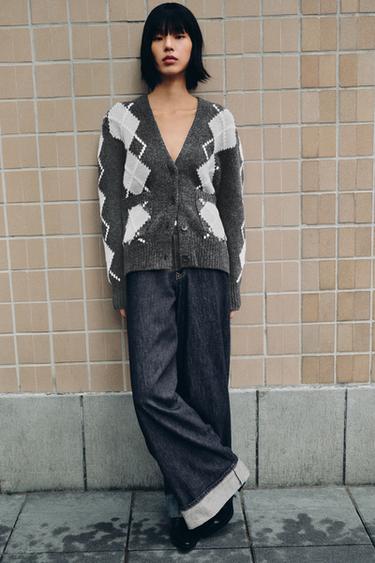 Zara 100% 菱格羊毛開襟衫 - 灰色 / 藍色