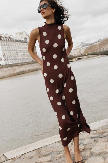 Zara POLKA DOT KNIT DRESS - Brown / Ecru