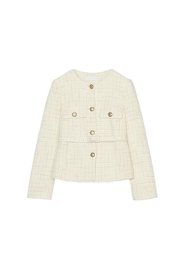 Front view of a white jacket with front pockets and gold buttons.