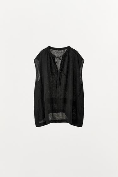 BLOUSE EN LIN 100 % À NŒUDS - Noir de Zara - Image 4