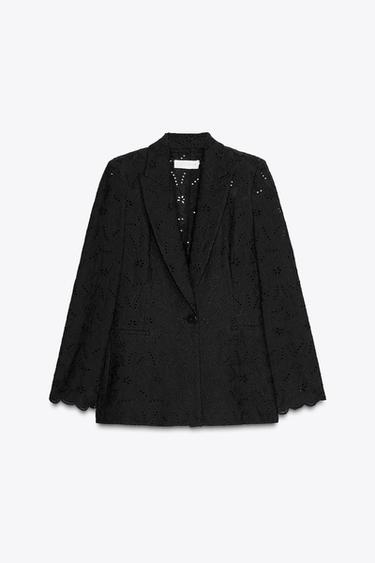 Zara EMBROIDERED EYELET BLAZER - Black