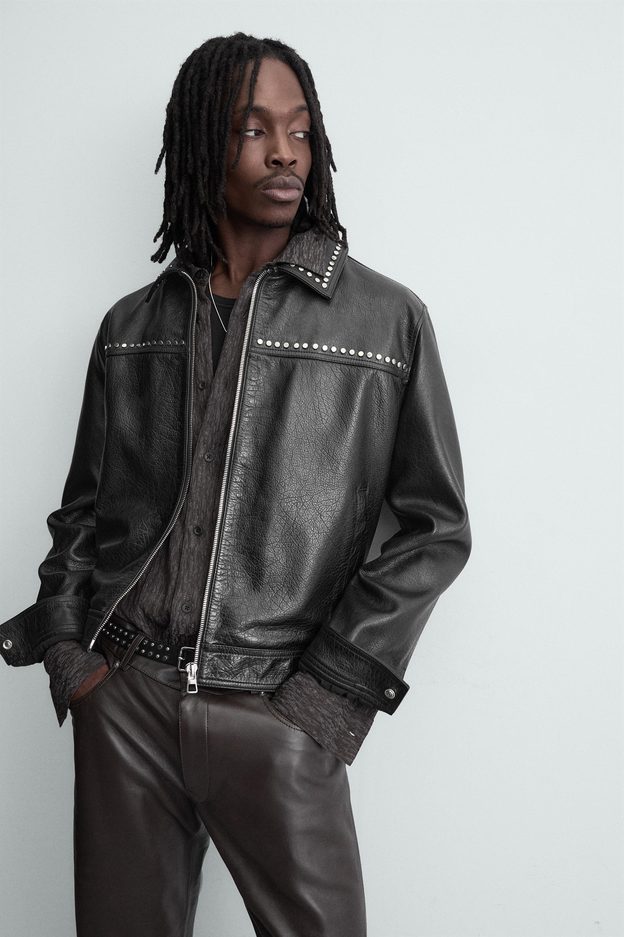 スタッズ付きレザー リラックスフィットジャケット - ブラック | ZARA