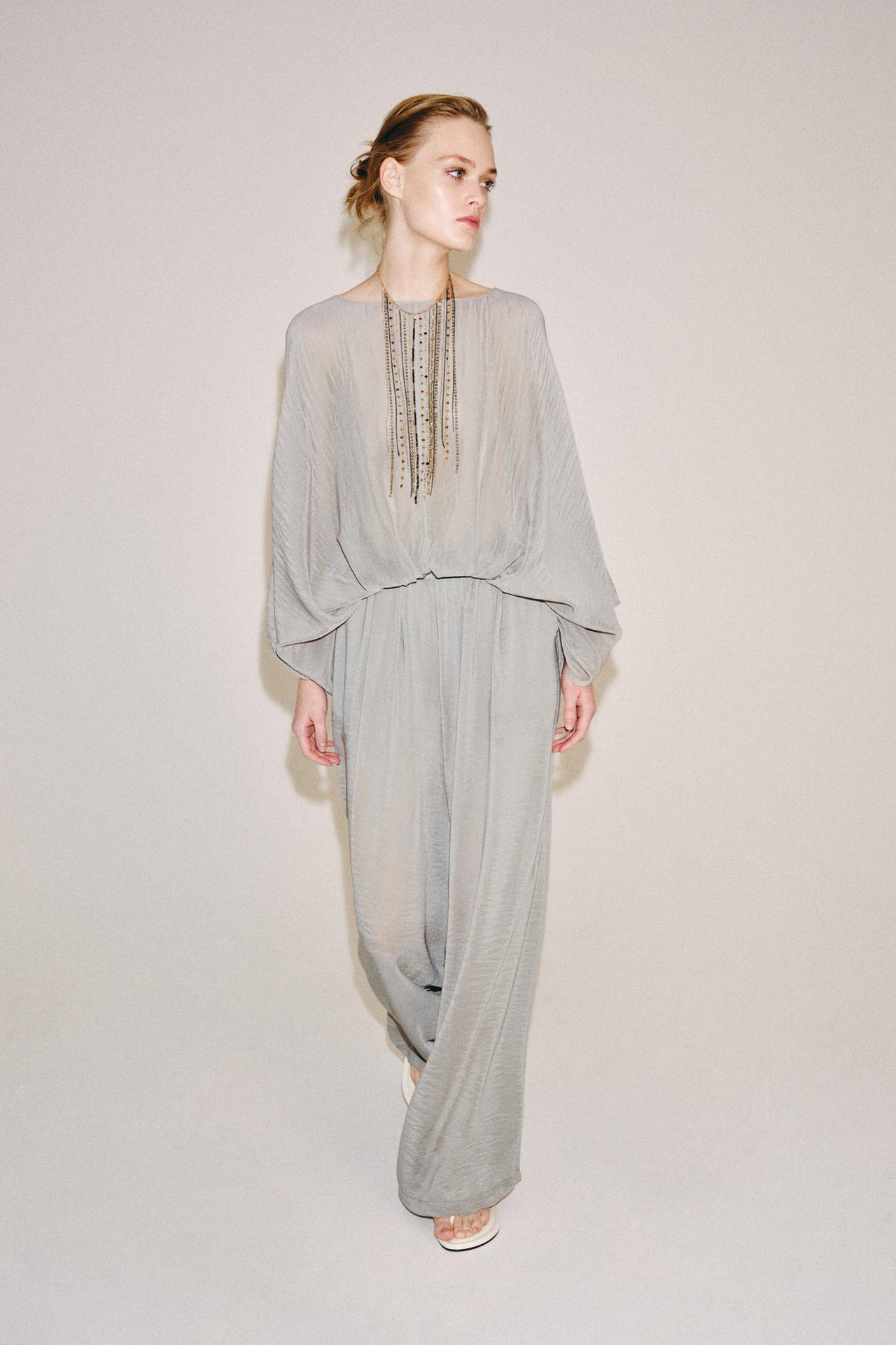 FLOWY SEMI-SHEER BODYSUIT — Mid-gray