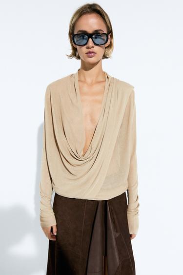 Zara Draped wrap-effect knit cardigan - Sand