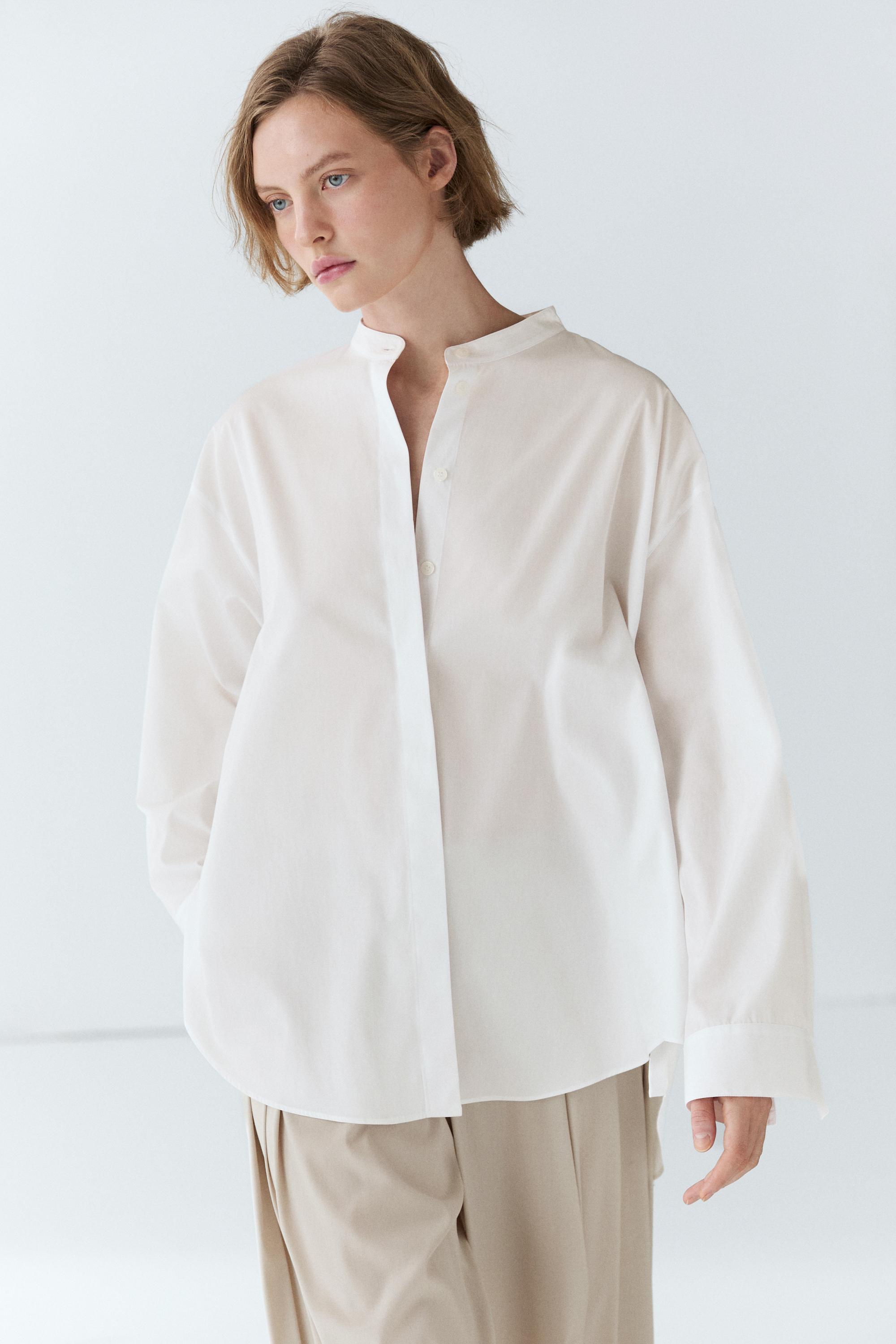 Poplin shirt with stand collar — White
