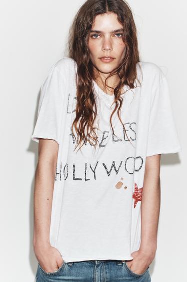 Zara RIPPED TEXT T-SHIRT - White