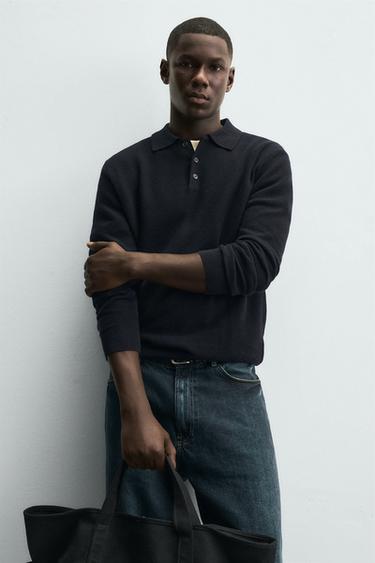 COTTON/LYOCELL KNIT POLO SHIRT - Navy blue by Zara - Image 5