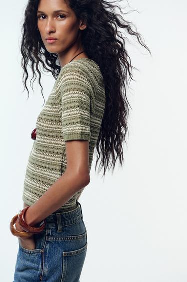 STRIPED TEXTURED KNIT SHORT SLEEVE TOP - Green / Ecru by Zara - Image 3