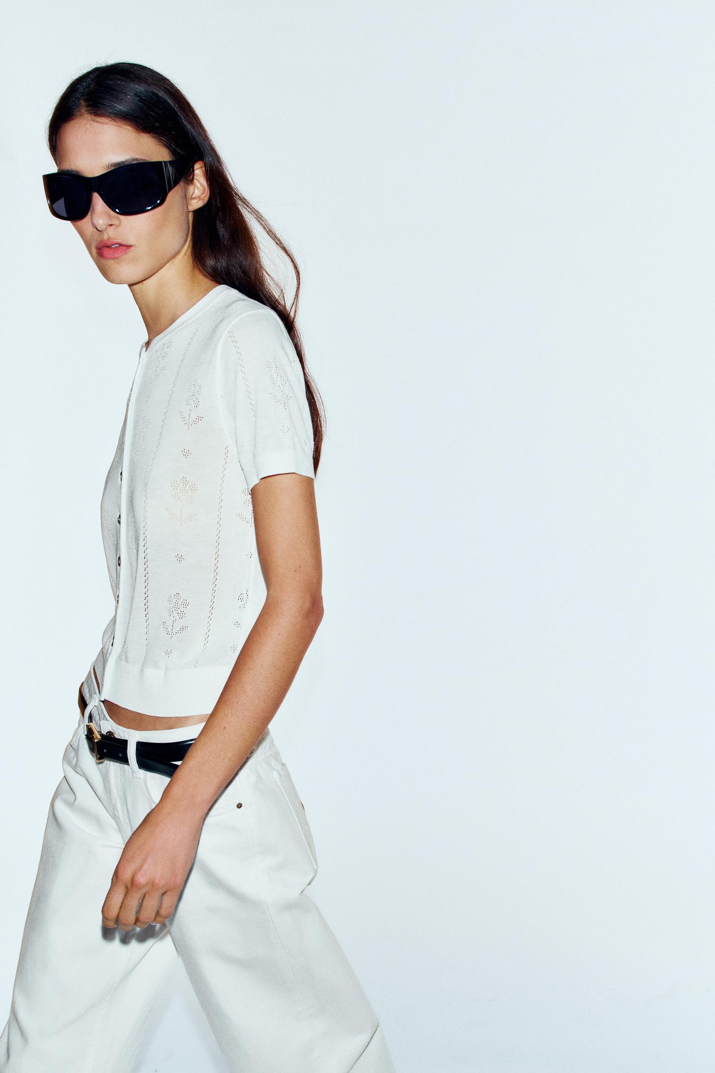 Женские свитеры Zara Short-Sleeve Floral Cardingan, цвет: Белый — фото 3