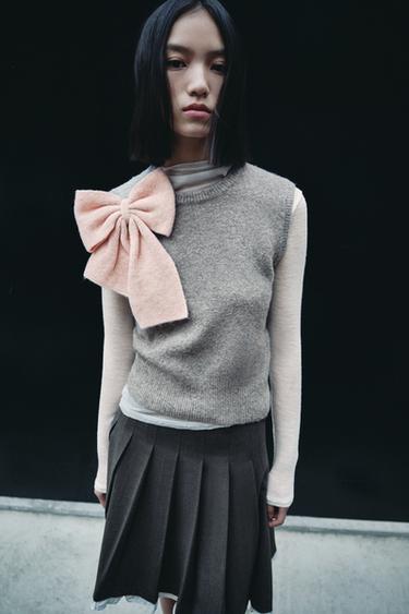 KNIT VEST TOP WITH BOW - Grey by Zara