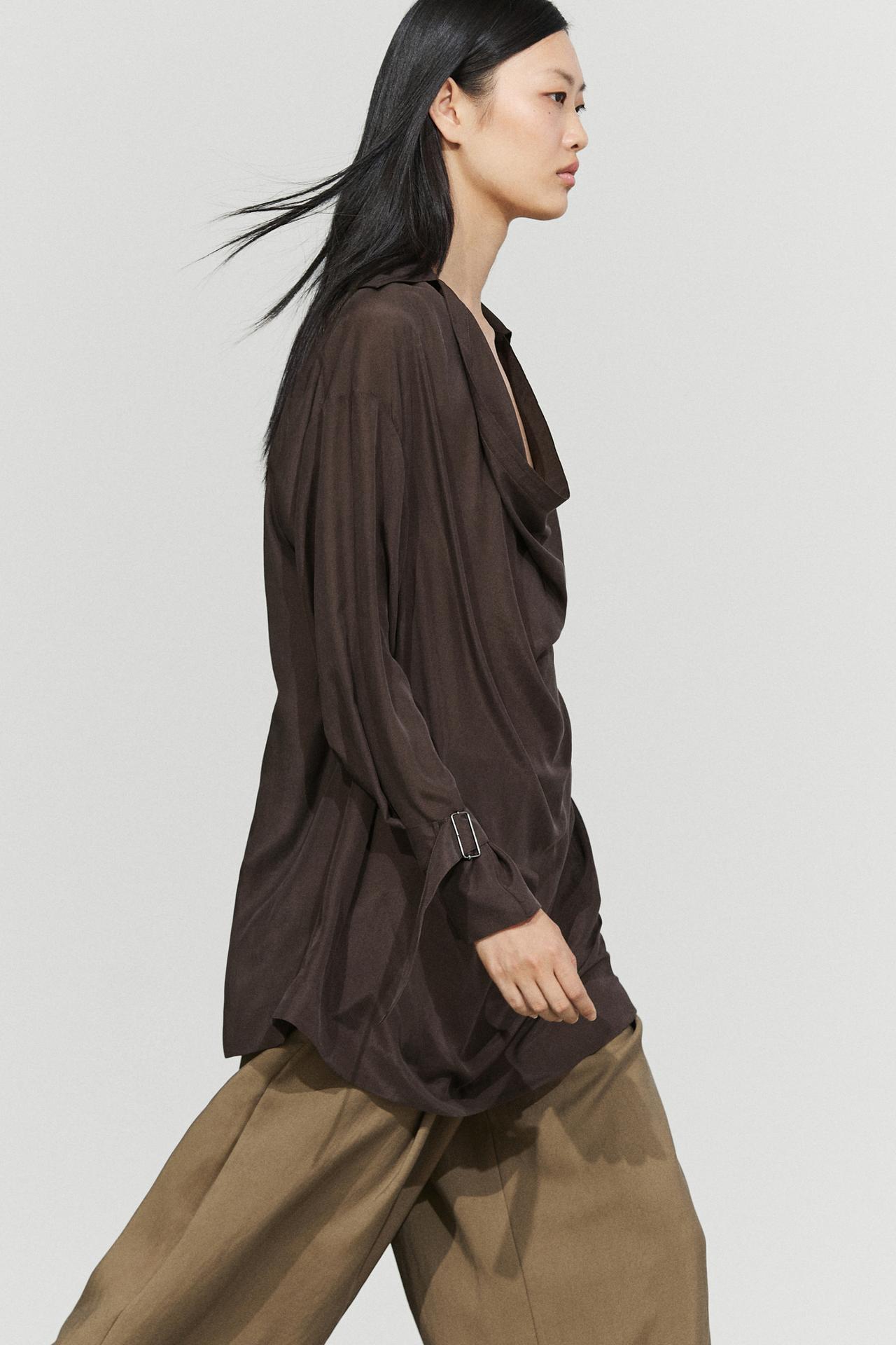 100% silk flowing blouse with draped neckline — Brown