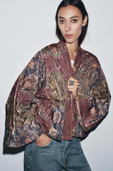 Zara FLORAL PRINT VELVET KIMONO - Eggplant