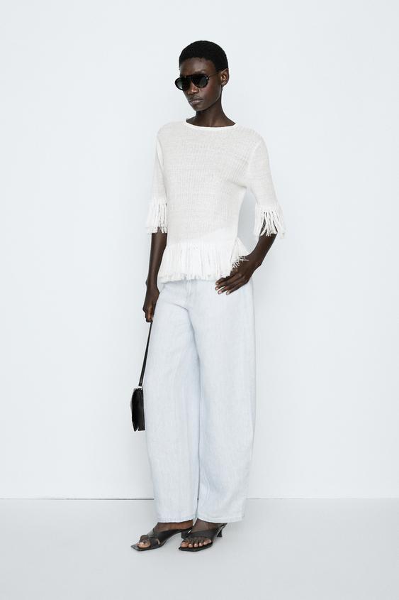 Zara Fringe detail knit sweater - STUDIO - White - Image 0