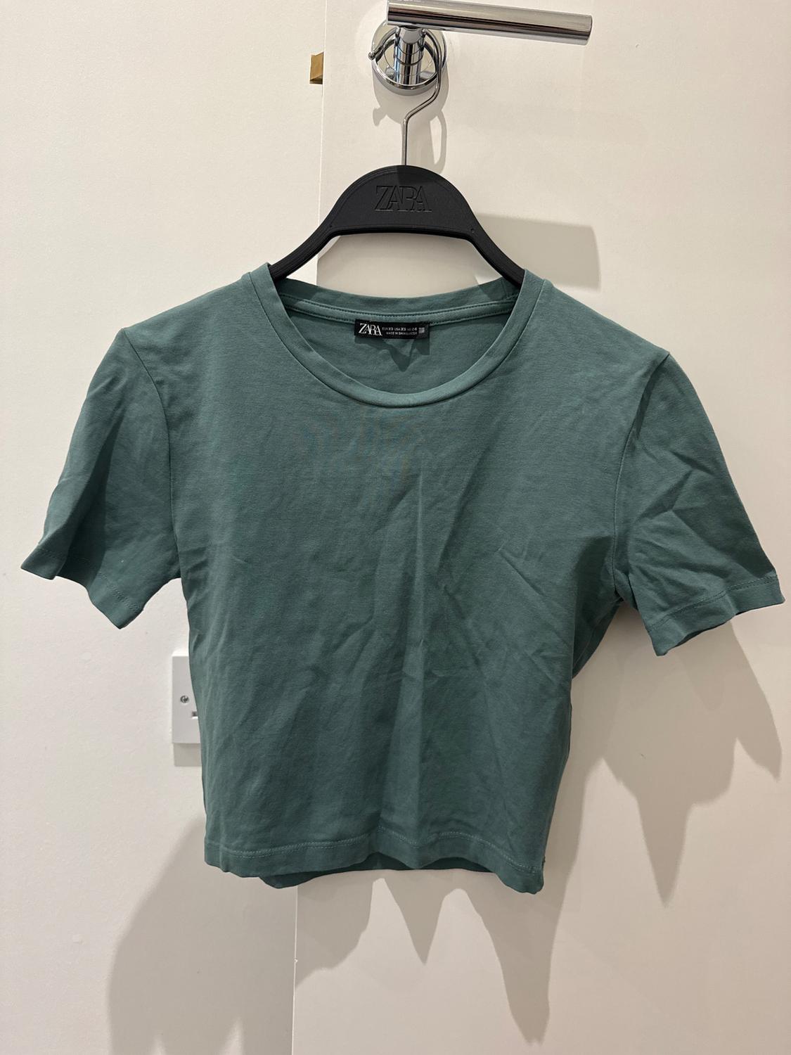 Green short-sleeved t-shirt hanging on a black hanger with the "Zara" brand on a white background.