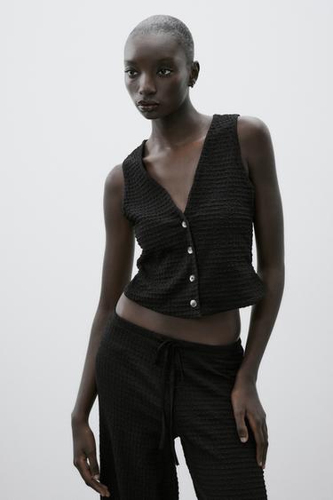 Zara TOP PRSLUK S GUMBIMA I TEKSTUROM – Crna