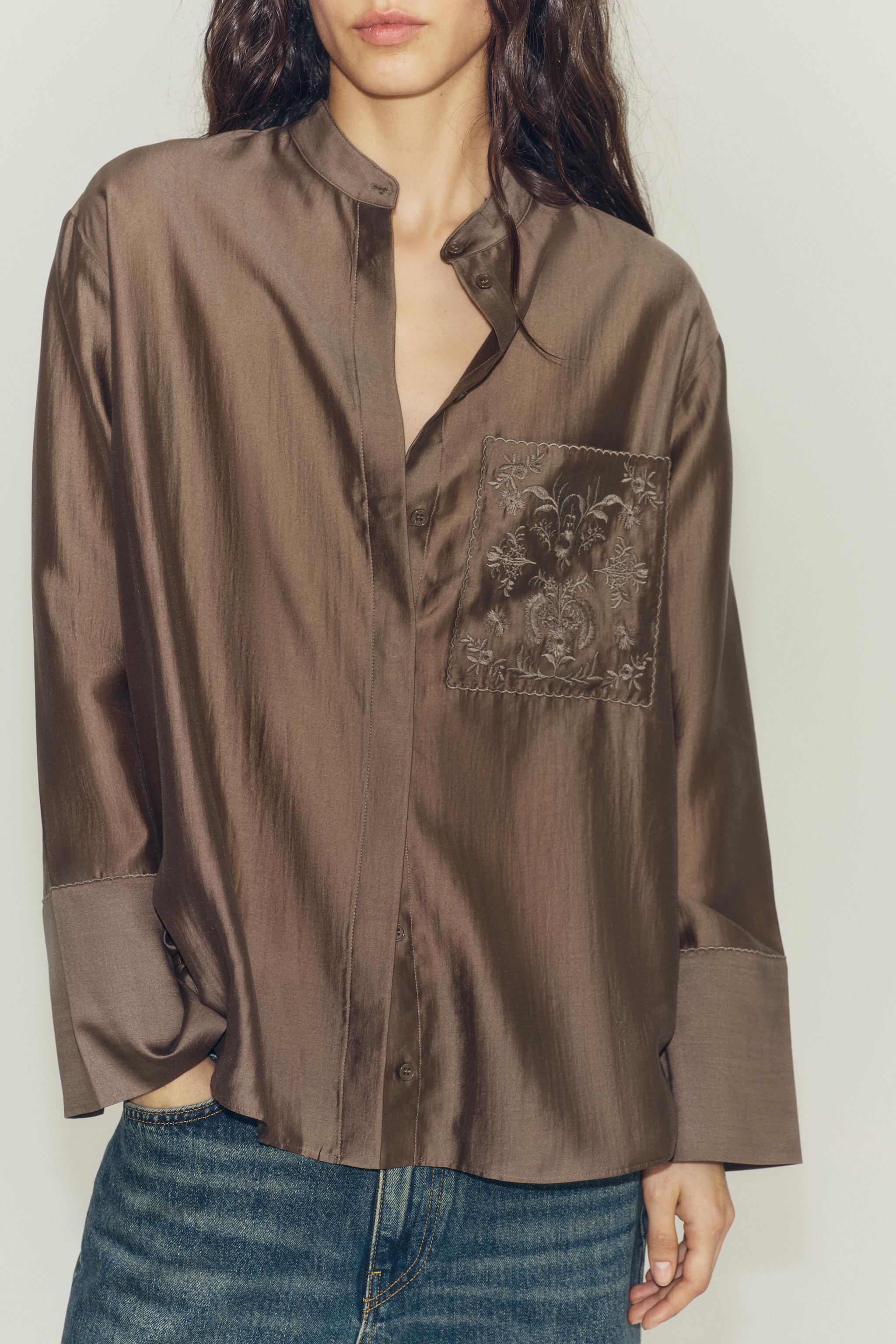Zara ZW COLLECTION İŞLEMELİ CEPLİ GÖMLEK görsel 5