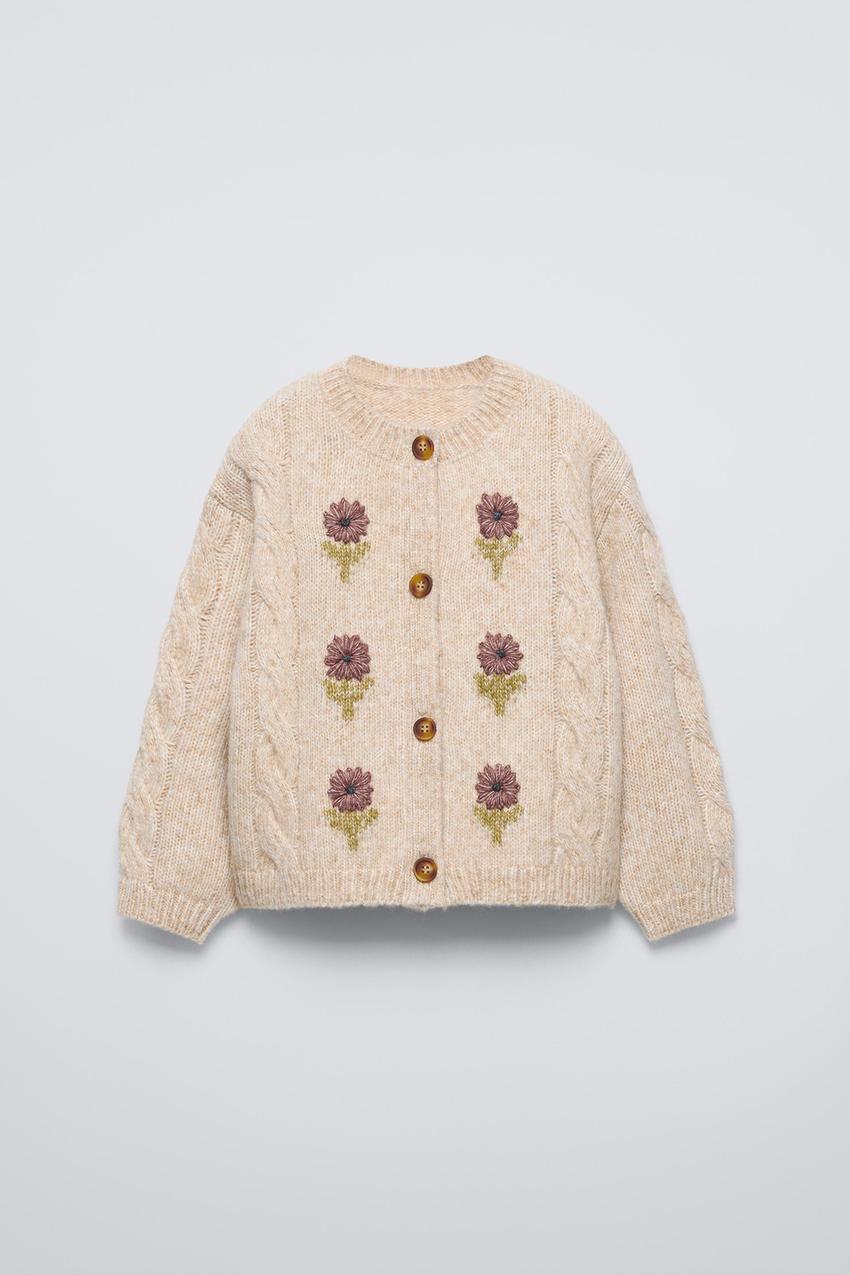 フラワー刺繍ニットカーディガン - ライトベージュ | ZARA Japan / 日本 