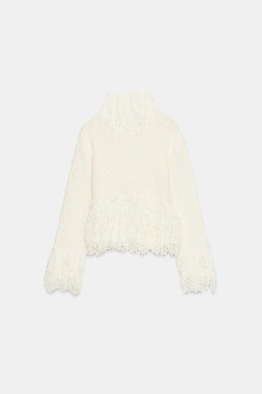 PULL EN MAILLE À FRANGES - Écru de Zara - Image 5
