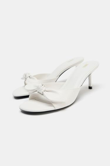 LEATHER BOW HEELED SANDALS - white by Zara - Image 4